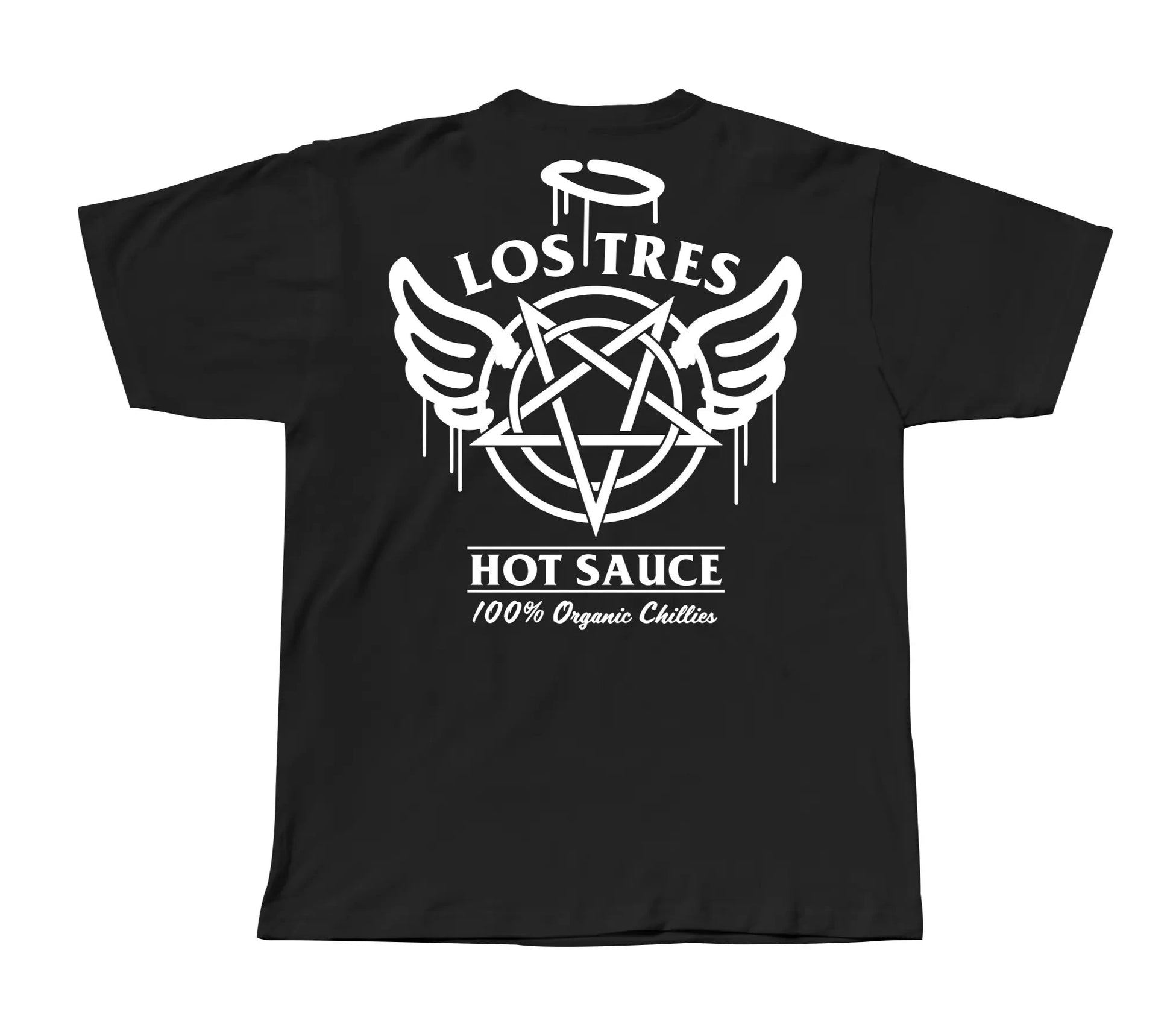 mens black tshirt back with white Los Tres logo on front with angle wings, pentagram, and halo