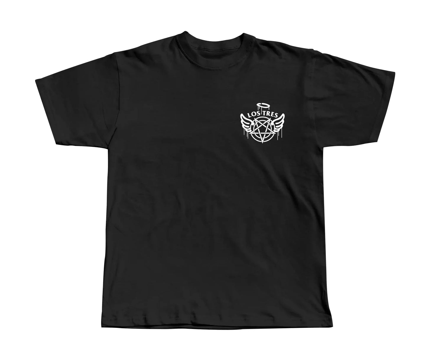 mens black tshirt with white Los Tres logo on front with angle wings, pentagram, and halo